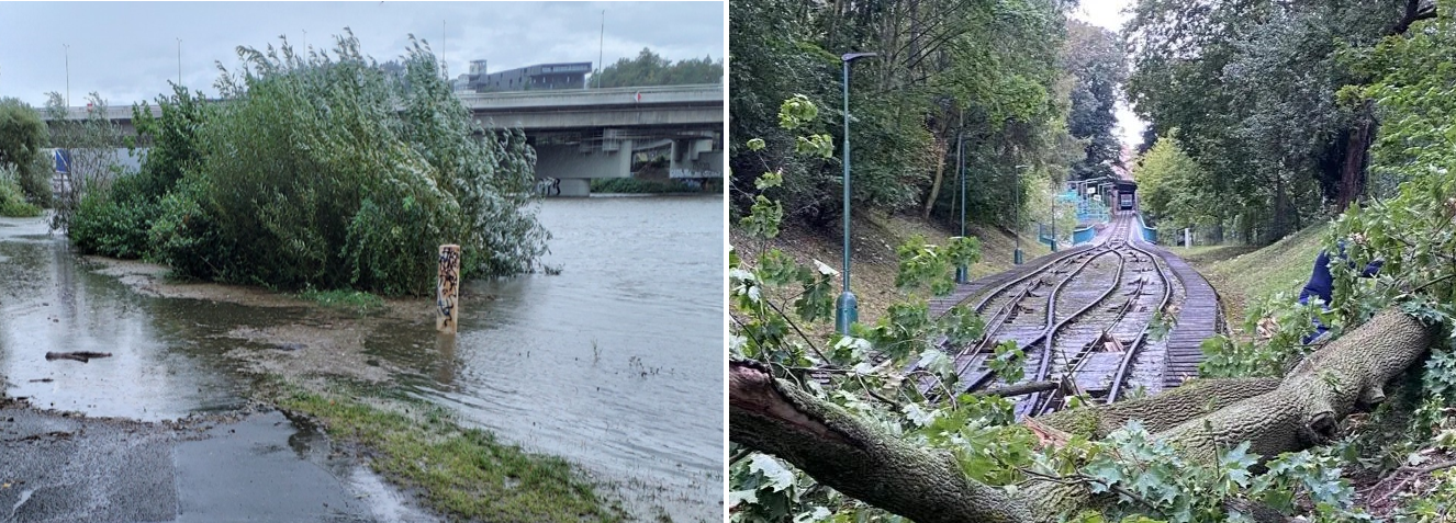Vltava v Braníku      -                                                                                                   Spadlé stromy na trať lanovky na Petřín